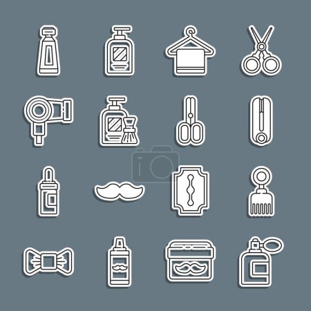 Illustration for Set line Aftershave bottle with atomizer Hairbrush Curling iron for hair Towel hanger Shaving gel foam and dryer Cream lotion cosmetic tube and Scissors hairdresser icon. Vector. - Royalty Free Image