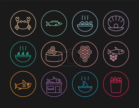 Ilustración de Set line Fishing bucket with fishes caviar soup Tin can Soup shrimps Crab Caviar and icon. Vector. - Imagen libre de derechos