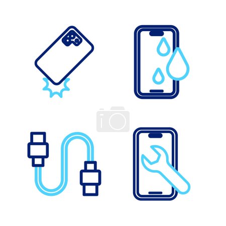 Illustration for Set line Mobile service USB cable cord Waterproof phone and Shockproof icon. Vector. - Royalty Free Image