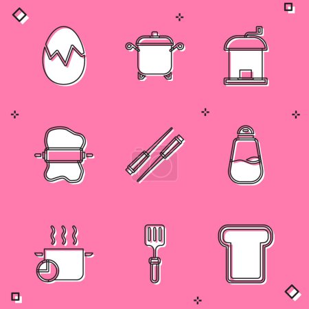 Illustration for Set Broken egg Cooking pot Manual coffee grinder Rolling pin on dough Food chopsticks Salt and Barbecue spatula icon. Vector. - Royalty Free Image