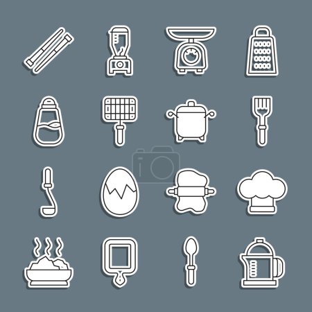 Illustration for Set line French press Chef hat Fork Scales Barbecue steel grid Salt Food chopsticks and Cooking pot icon. Vector. - Royalty Free Image
