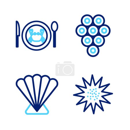 Téléchargez les illustrations : Set line Sea urchin Scallop sea shell Caviar and Served crab on plate icon. Vector. - en licence libre de droit