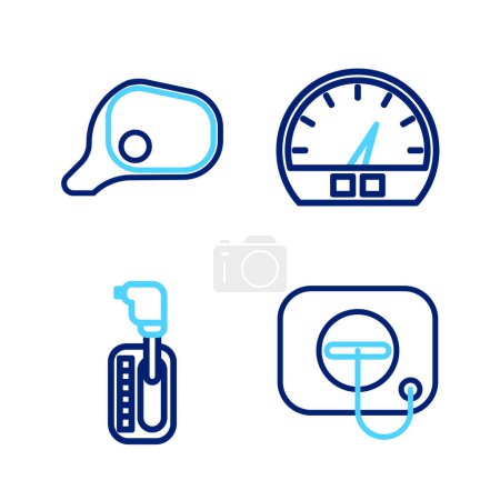 Téléchargez les illustrations : Set line Oil filler cap at gas station Gear shifter Speedometer and Car mirror icon. Vector. - en licence libre de droit