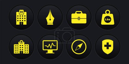 Téléchargez les illustrations : Set Medical hospital building Weight pounds Monitor with cardiogram Wind rose Toolbox and Fountain pen nib icon. Vector. - en licence libre de droit