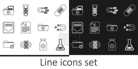 Téléchargez les illustrations : Set line DNA research search Customer attracting Magnet with money Clipboard blood test Network port cable socket Health record folder and icon. Vector. - en licence libre de droit