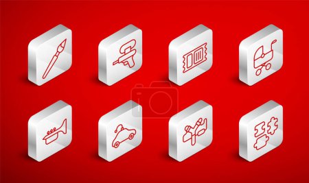 Illustration for Set line Puzzle pieces toy Water gun Circus ticket Baby stroller Slingshot Paint brush Radio controlled car and Trumpet icon. Vector. - Royalty Free Image