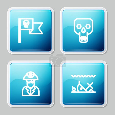 Téléchargez les illustrations : Set line Pirate flag with skull, Skull, captain and Sunken ship icon. Vector. - en licence libre de droit