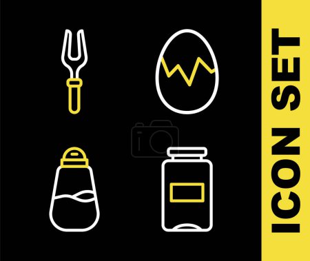 Illustration for Set line Broken egg, Jam jar, Salt and Barbecue fork icon. Vector - Royalty Free Image