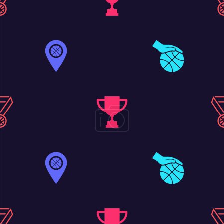 Téléchargez les illustrations : Set Hand with basketball ball, Location, Award cup and Basketball medal on seamless pattern. Vector. - en licence libre de droit