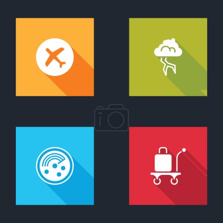 Téléchargez les illustrations : Set Plane, Storm, Radar with targets on monitor and Trolley baggage icon. Vector. - en licence libre de droit