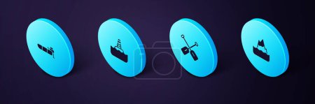 Illustration for Set Isometric Iceberg Paddle Floating buoy and Inflatable boat with motor icon. Vector. - Royalty Free Image