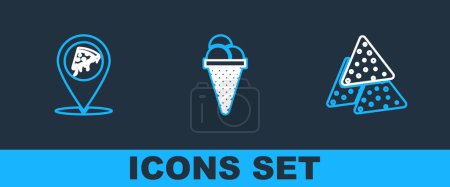 Téléchargez les illustrations : Set line Nachos Location with slice pizza and Ice cream in waffle cone icon. Vector. - en licence libre de droit