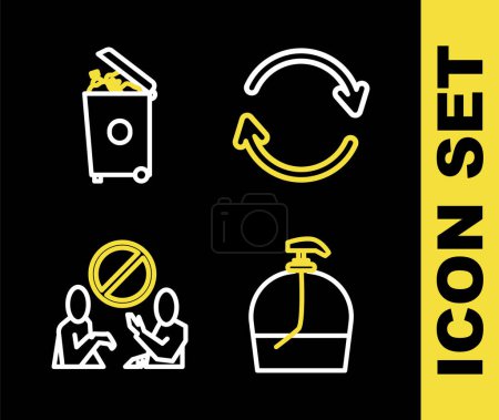 Ilustración de Set line Refresh Bottle of liquid soap Stop plastic pollution and Trash can icon. Vector. - Imagen libre de derechos