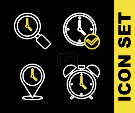 Téléchargez les illustrations : Set line Clock Alarm clock Location with and Magnifying glass icon. Vector. - en licence libre de droit