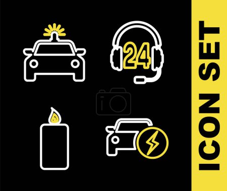 Ilustración de Set line Headphone for support, Electric car, Burning candle and Police flasher icon. Vector - Imagen libre de derechos
