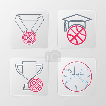 Téléchargez les illustrations : Set line Basketball ball, Award cup, medal and on sport calendar icon. Vector - en licence libre de droit