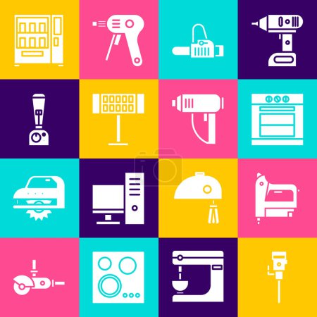 Illustration for Set Construction jackhammer, Electric construction stapler, Oven, Chainsaw, heater and Blender icon. Vector - Royalty Free Image