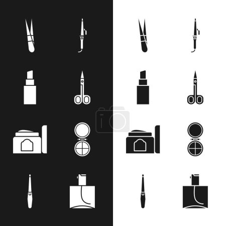 Illustration for Set Scissors, Lipstick, Eyebrow tweezers, Curling iron, Cream cosmetic tube, Makeup powder with mirror, Perfume and Nail file icon. Vector - Royalty Free Image