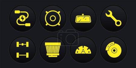 Téléchargez les illustrations : Set Chassis car, Wrench spanner, Car air filter, Speedometer, mirror, audio speaker, brake disk with caliper and battery jumper power cable icon. Vector - en licence libre de droit