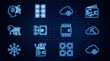 Illustration for Set line Cryptocurrency cloud mining, Proof of stake, key, Bitcoin think, wallet and Mining farm icon. Vector - Royalty Free Image