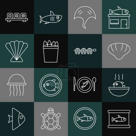 Ilustración de Set line Canned fish, Puffer soup, Scallop sea shell, Stingray, Fishing bucket with fishes, Sushi on cutting board and Grilled steak icon. Vector - Imagen libre de derechos