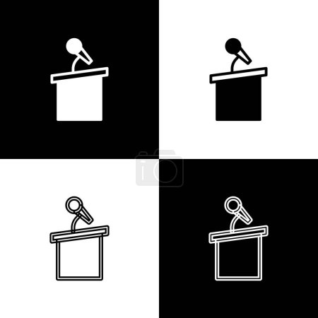 Ilustración de Set Stand Stage o debate podium rostrum icono aislado sobre fondo blanco y negro. Conferencia tribuna discurso. Vector. - Imagen libre de derechos
