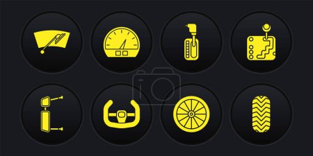 Téléchargez les illustrations : Set Truck side mirror, Gear shifter, Sport steering wheel, Car, Speedometer, tire and Windscreen wiper icon. Vector - en licence libre de droit