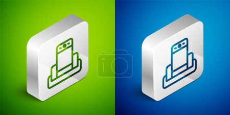 Illustration for Isometric line Metal detector in airport icon isolated on green and blue background. Airport security guard on metal detector check point. Silver square button. Vector - Royalty Free Image