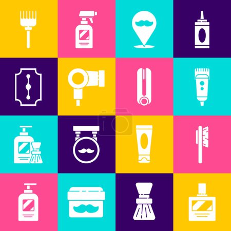 Illustration for Set Aftershave, Hairbrush, Electrical hair clipper or shaver, Barbershop, dryer, Blade razor,  and Curling iron for icon. Vector - Royalty Free Image