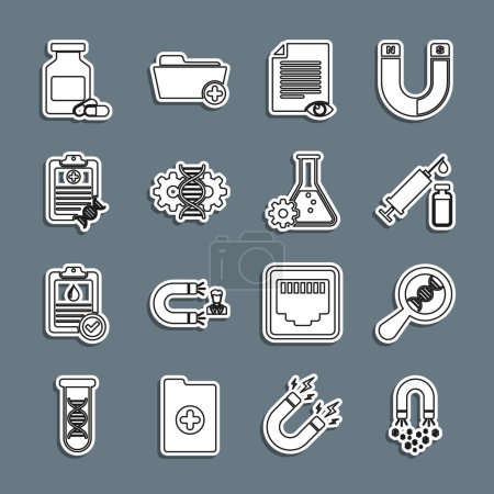 Téléchargez les illustrations : Set line Magnet with money DNA research search Medical syringe and vial Paper page eye Gene editing Clipboard analysis Medicine bottle pills and Bioengineering icon. Vector. - en licence libre de droit