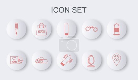 Set line Location with heart Disc inscription Sex Dildo vibrator Anal plug Spanking paddle Shopping bag triple X Pills for potency and sex games icon. Vector.