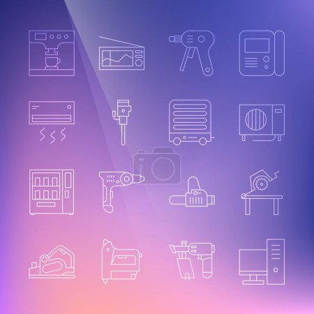 Illustration for Set line Computer monitor Table saw for woodwork Air conditioner Electric hot glue gun Construction jackhammer Coffee machine and cup and heater icon. Vector. - Royalty Free Image