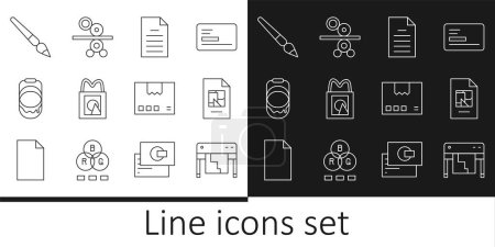 Illustration for Set line Plotter File document Paper shopping bag Paint bucket brush Carton cardboard box and roll of printing press icon. Vector. - Royalty Free Image