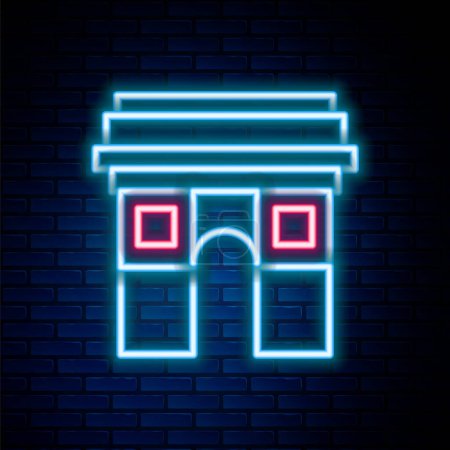 Illustration for Glowing neon line Triumphal Arch icon isolated on brick wall background. Landmark of Paris, France. Colorful outline concept. Vector - Royalty Free Image