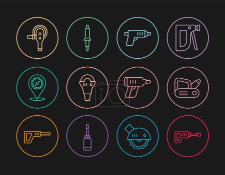 Illustration for Set line Rotary hammer drill machine, Electric planer tool, cordless screwdriver, Angle grinder, Circular saw blade,  and Soldering iron icon. Vector - Royalty Free Image