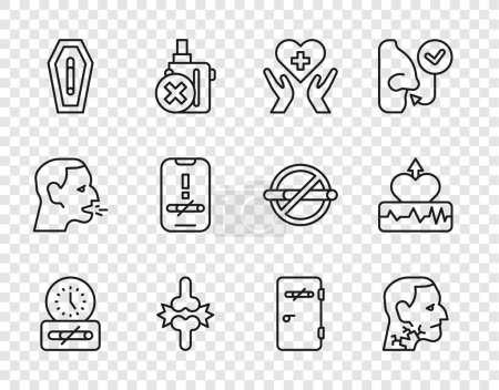 Illustration for Set line No smoking time, Throat cancer, Heart with cross, Joint pain, knee pain, Death from, area and Heartbeat increase icon. Vector - Royalty Free Image