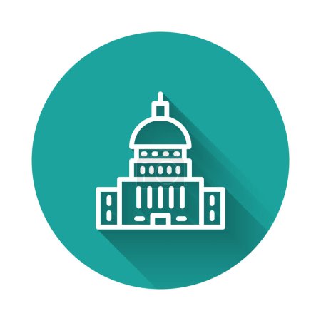 Illustration for White line White House icon isolated with long shadow background. Washington DC. Green circle button. Vector - Royalty Free Image