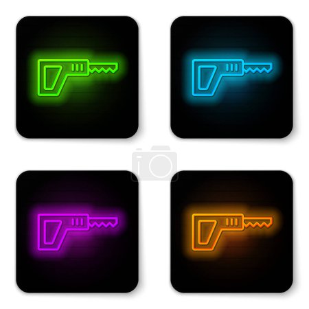 Illustration for Glowing neon line Reciprocating saw and saw blade icon isolated on white background. Black square button. Vector - Royalty Free Image