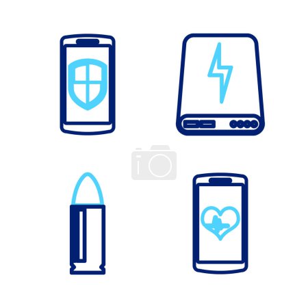 Téléchargez les illustrations : Définir la ligne Smartphone avec sans fil, clé, Power bank et icône de protection de l'argent. Vecteur - en licence libre de droit