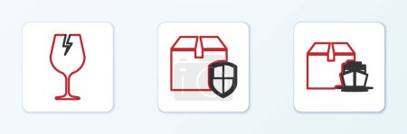 Illustration for Set line Cargo ship with boxes, Fragile broken glass and Delivery security shield icon. Vector - Royalty Free Image