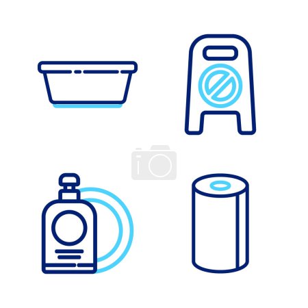 Ilustración de Set line Rollo de toalla de papel, botella y placa líquida para lavavajillas, progreso de limpieza del suelo húmedo e icono de lavabo de plástico. Vector - Imagen libre de derechos