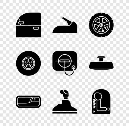 Ilustración de Set Puerta del coche, freno de mano, rueda, asa, cambio de marchas, disco y tapa de llenado de aceite en el icono de la gasolinera. Vector - Imagen libre de derechos