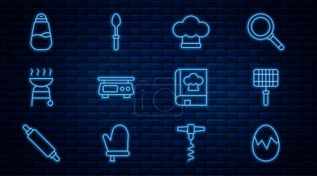 Illustration for Set line Broken egg, Barbecue steel grid, Chef hat, Electronic scales, grill, Salt, Cookbook and Teaspoon icon. Vector - Royalty Free Image