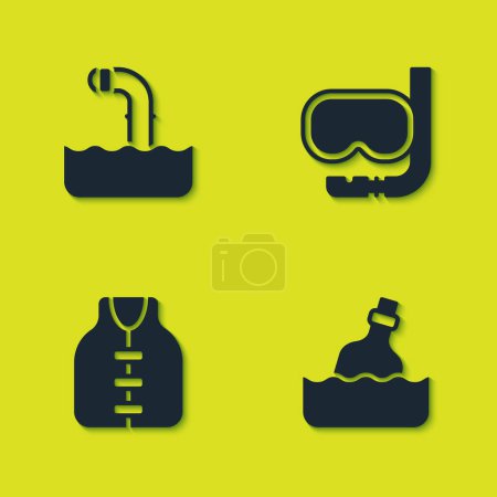 Illustration for Set Periscope, Bottle with message in water, Life jacket and Diving mask and snorkel icon. Vector - Royalty Free Image