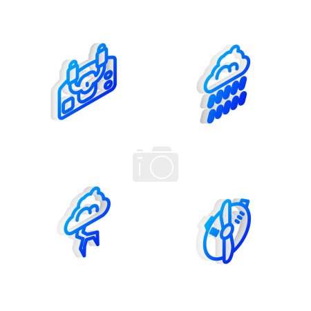 Téléchargez les illustrations : Réglez Isometric line Cloud avec pluie, barre de direction de l'avion, icône de l'hélice Storm and Plane. Vecteur - en licence libre de droit