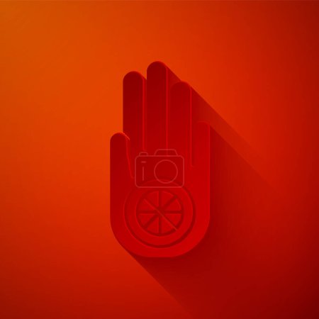 Illustration for Paper cut Symbol of Jainism or Jain Dharma icon isolated on red background. Religious sign. Symbol of Ahimsa. Paper art style. Vector Illustration. - Royalty Free Image