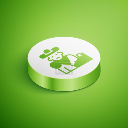 Illustration for Isometric Spain bullfight, matador icon isolated on green background. Traditional Spanish entertainment. White circle button. Vector. - Royalty Free Image