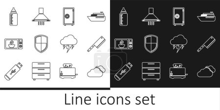 Ilustración de Set line Cloud, Picador de carne, Caja fuerte, Escudo, Horno microondas, Biberón, Storm and Kitchen extractor fan icon. Vector - Imagen libre de derechos