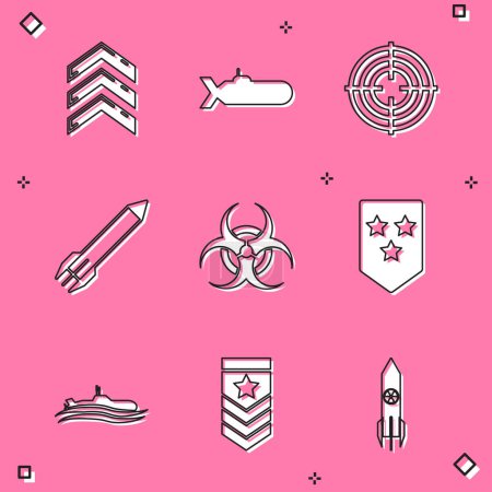 Illustration for Set Military rank, Submarine, Target sport, Rocket, Biohazard symbol, Chevron,  and  icon. Vector - Royalty Free Image