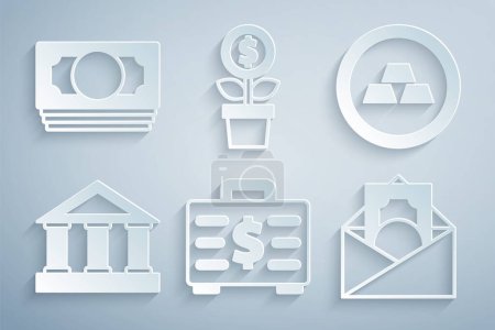 Ilustración de Set maletín y dinero, barras de oro, edificio del banco, sobre con símbolo de dólar, planta del dólar y apilados icono de efectivo de papel. Vector - Imagen libre de derechos